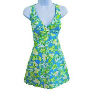 Vintage Aloha Surplice Halter Mini Dress Sundress Hawaiian Floral Blue Green S M